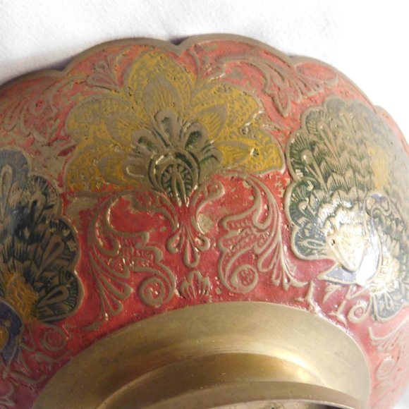 Vintage Peacock Floral Brass Enameled Bowl - Picture 7 of 7
